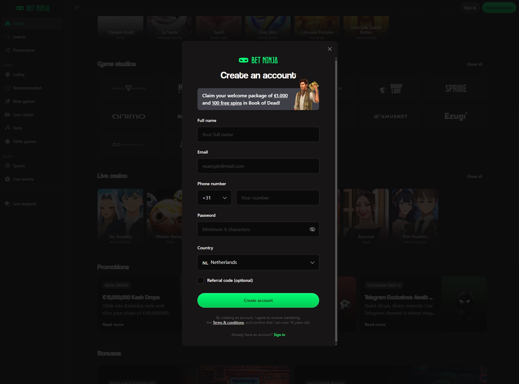 BetNinja casino create account